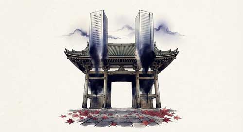 Ilustración simbólica de un torii o entrada de templo que se funde sutilmente con siluetas urbanas modernas, representando la integración del budismo en la sociedad japonesa actual