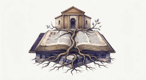 Ilustración simbólica de un libro abierto del que brotan raíces que se convierten en cimientos sólidos para una estructura educativa, representando la base filosófica del activismo