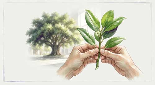 Rama de ficus con hojas brillantes siendo preparada como esqueje, simbolizando la transformación de material urbano en arte