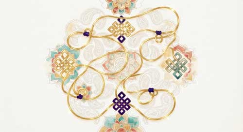 Ilustración simbólica de un hilo dorado que atraviesa un tapiz complejo de patrones orientales y occidentales, representando el puente cultural y espiritual tejido por Freda Bedi