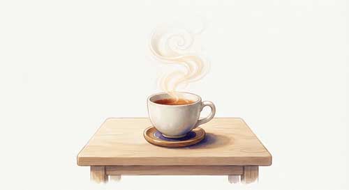 Ilustración simbólica de una taza de té sencilla sobre una mesa de madera, con el vapor formando espirales sutiles que se disuelven en el aire, representando la naturaleza ilusoria pero funcional de los fenómenos