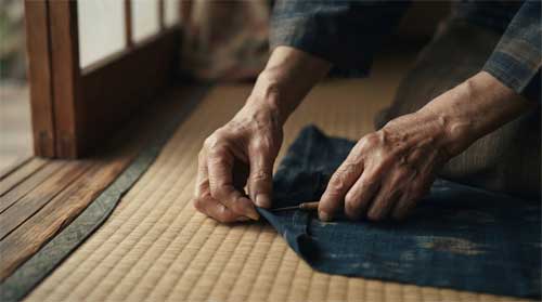 Manos femeninas ancianas midiendo tela con gesto preciso sobre tatami, luz natural suave lateral, atmósfera de ritual cotidiano y memoria ancestral