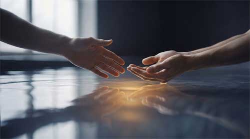 Dos manos casi tocándose sobre superficie de agua tranquila, una extendida y otra recibiendo, luz suave creando reflejo simétrico, atmósfera de conexión y responsabilidad
