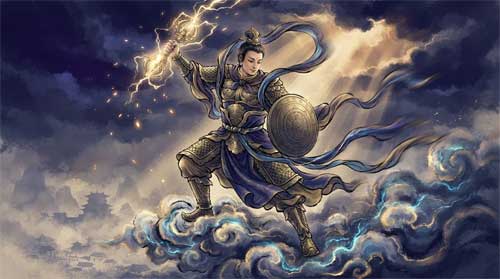 Guanyin manifestado como Indra, figura celestial armada con vajra y escudo, en postura de guardia protectora sobre nubes tormentosas, con aura dorada y expresión resuelta