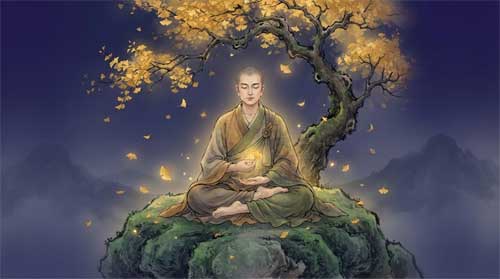 Guanyin manifestado como Pratyekabuda, figura ascética en meditación bajo un árbol seco o entre rocas, simbolizando el despertar autónomo sin maestro