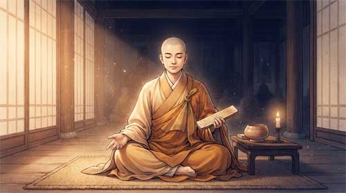 Guanyin manifestado como Śrāvaka, monje con túnica azafrán sentado en postura de escucha respetuosa ante un pergamino o texto sagrado, en un entorno de templo sereno