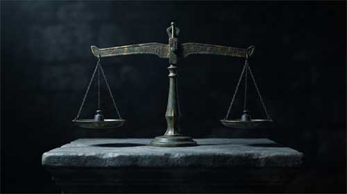Balanza de justicia antigua sobre pedestal de piedra con fondo oscuro y luz lateral dramática, atmósfera de severidad y orden impersonal