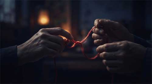 Hilo rojo brillante entrelazándose suavemente entre dos manos en penumbra, luz tenue dorada resaltando textura seda, atmósfera misteriosa y serena