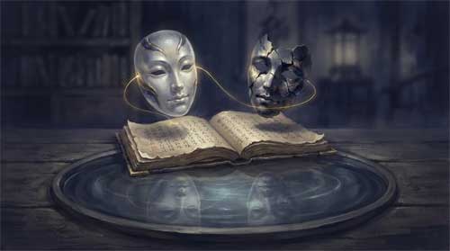 Composición contemplativa en tonos índigo, gris carbón y dorado apagado: dos máscaras translúcidas flotan sobre manuscrito antiguo, una pulcra y otra fracturada, conectadas por hilo de luz dorada; debajo, reflejos en agua quieta revelan mismo rostro bajo ambas máscaras