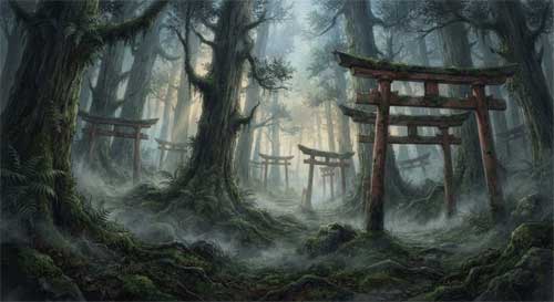 Ilustración atmosférica de un santuario shintoísta antiguo envuelto en niebla matutina, con torii rojos apenas visibles entre los árboles sagrados