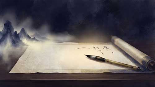Composición contemplativa en tonos índigo, negro de tinta y dorado suave: pincel de caligrafía junto a pergamino de arroz inacabado sobre madera envejecida; montañas de tinta difuminadas se desvanecen en niebla al borde; luz dorada brota del espacio vacío del papel, sugiriendo renuncia artística como ofrenda sagrada