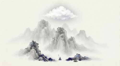 Ilustración simbólica de una nube serena flotando sobre picos montañosos difuminados en tinta, representando la libertad espiritual y la resistencia del Maestro Hsu Yun