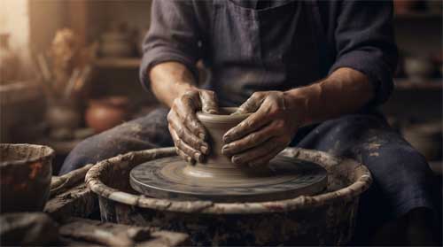 Manos moldeando arcilla húmeda sobre torno de alfarero con luz cálida lateral, atmósfera de disciplina artesanal y transformación deliberada