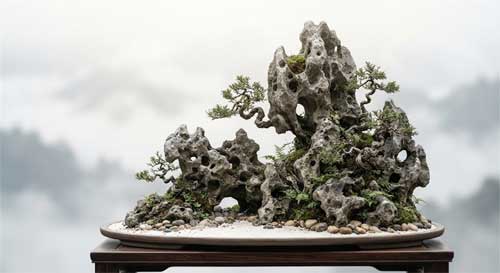 Composición artística de un penjing de paisaje con rocas calizas intricadas, pequeños árboles delicados y musgo, evocando una montaña misteriosa en la niebla