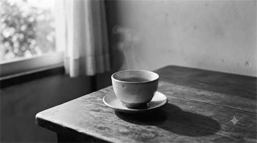 Fotografía en blanco y negro de una escena doméstica japonesa sencilla: taza de té humeante sobre mesa de madera desgastada junto a ventana con luz natural difusa