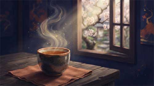Composición contemplativa en tonos índigo, terracota cálido y dorado suave: taza de cerámica sencilla sobre mesa de madera envejecida junto a ventana abierta que enmarca cerezos en flor; vapor asciende suavemente disolviéndose en partículas doradas que se mezclan con luz matutina
