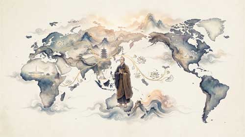 Monje budista en el centro de un mapa mundial estilizado con nubes y agua, conectado por enredaderas de loto a templos en distintos continentes, estilo tinta china con toques dorados