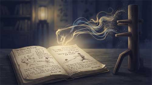 Composición contemplativa en tonos índigo, gris carbón y dorado luminoso: cuaderno abierto con anotaciones manuscritas sobre escritorio de madera junto a muñeco de madera tradicional; encima fluyen líneas translúcidas de movimiento trazando trayectoria de puño interceptor disolviéndose en luz donde trascienden forma rígida; resplandor dorado emana del espacio entre palabra escrita y movimiento encarnado