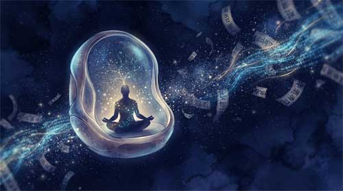 Composición contemplativa en tonos índigo, azul eléctrico y dorado suave: cápsula de meditación translúcida flotando en gravedad cero con silueta en loto emitiendo partículas bioluminiscentes que forman redes neuronales disolviéndose en luz estelar; fuera, fragmentos de sutras antiguos derivan como polvo cósmico junto a flujos de datos
