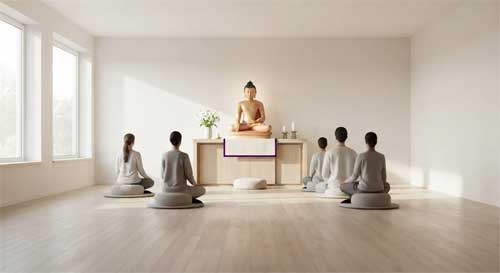 Maestra kadampa impartiendo enseñanzas con claridad y calidez, simbolizando la transmisión práctica del Dharma en el contexto contemporáneo