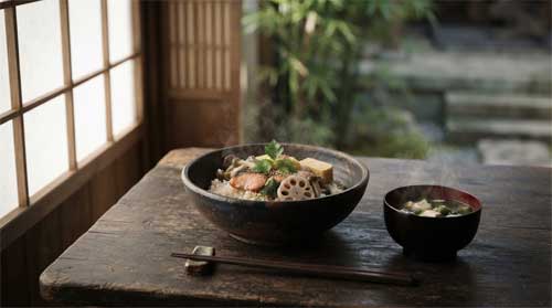 Composición minimalista de comida kaiseki en cerámica rústica, luz natural suave, vapor sutil elevándose, fondo desenfocado