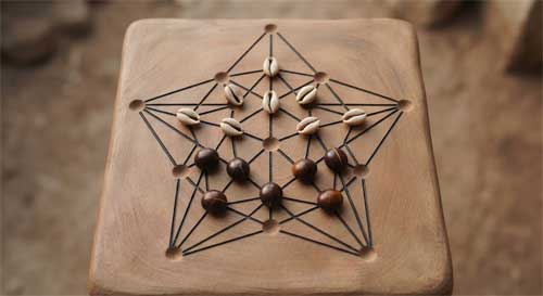 Tablero de Kaooa con estructura de red triangular y piezas de cuervos y buitres dispuestas para la persecución