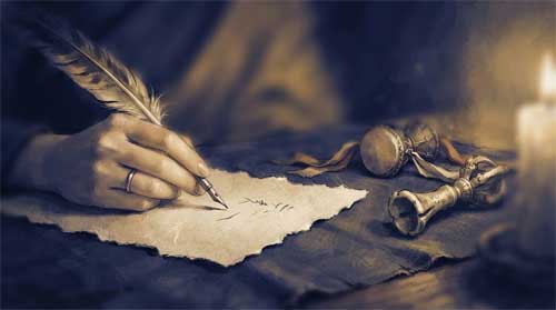 Composición serena en tonos índigo y ocre: una mano femenina sostiene una pluma antigua sobre papel artesanal; junto a ella, un damaru y un hueso humano tallado descansan sobre tela desgastada; luz difusa de vela ilumina parcialmente la escena, sugiriendo escritura como acto ritual de escucha profunda