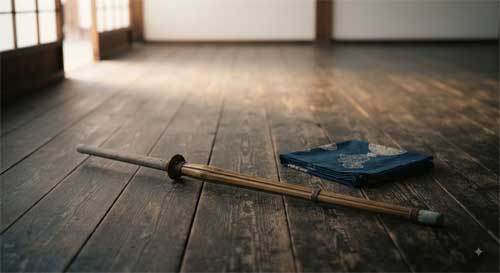 Shinai de bambú sobre suelo de madera al amanecer simbolizando la espada como instrumento de cultivo interior