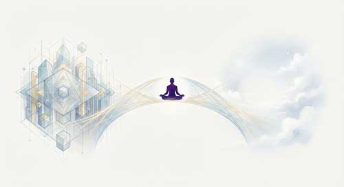 Ilustración simbólica de un puente de luz que conecta dos orillas: una representando la mente proyectada (Yogācāra) y otra la vacuidad absoluta (Madhyamaka), con un meditador en el centro