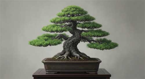 Un bonsái de pino negro japonés de estilo clásico, robusto y majestuoso, con agujas cortas y densas, tronco grueso y raíces poderosas, mostrando una vejez digna y serena