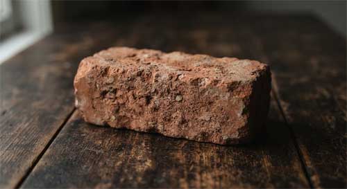 Un ladrillo de arcilla roja desgastado sobre una superficie de madera oscura, luz lateral suave resaltando la textura rugosa, atmósfera de silencio y simplicidad extrema