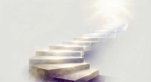 Representación simbólica de escalones luminosos ascendentes hacia una cima iluminada, simbolizando las etapas graduales del camino en el Lamrim Chenmo