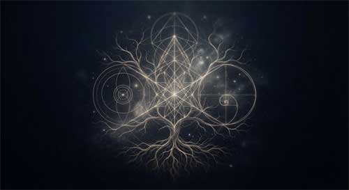Representación abstracta de leyes naturales eternas, líneas geométricas sutiles entrelazadas con elementos orgánicos como estrellas y raíces, fondo oscuro profundo, sensación de orden cósmico inmutable y serenidad