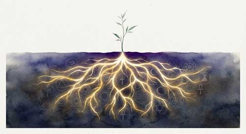 Ilustración simbólica de una planta cuyas raíces profundas y complejas brillan bajo tierra, conectándose con estructuras antiguas, mientras que la parte visible es simple y elegante, representando la profundidad religiosa oculta tras prácticas modernas
