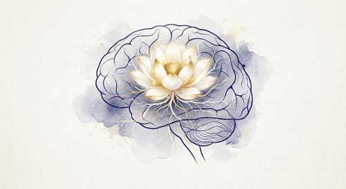 Ilustración simbólica de un cerebro humano estilizado donde las neuronas se entrelazan formando una flor de loto luminosa, representando la unión entre neurociencia y compasión budista