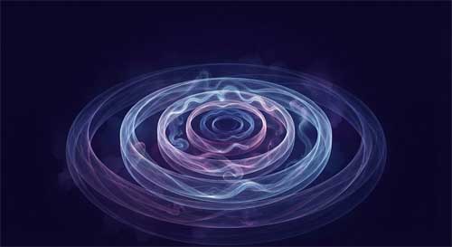 Representación abstracta de capas concéntricas de luz y sombra que se reflejan mutuamente, simbolizando la interdependencia entre la conciencia interna y los reinos externos en el Yogācāra