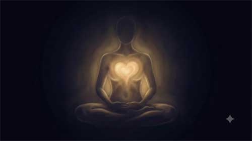 Silueta humana en meditación con resplandor dorado cálido emanando del centro del pecho contra fondo oscuro suave
