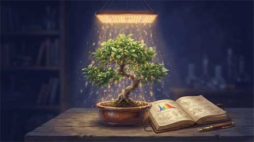 Composición contemplativa en tonos índigo, ámbar cálido y dorado suave: bonsái interior de hojas verdes vibrantes bajo lámpara de cultivo brillante; partículas doradas translúcidas descienden como lluvia nutritiva fusionándose con follaje; junto al árbol, cuaderno abierto con bocetos de espectros lumínicos y patrones foliares