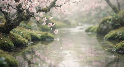 Escena serena de flores de ciruelo junto a arroyo con pétalos cayendo sobre agua, estilo pictórico tradicional japonés suave, tonos rosa pálido y verde musgo, atmósfera de sensibilidad poética y belleza efímera