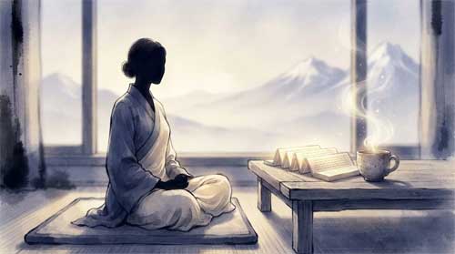 Escena serena en tonos índigo y crema: una figura femenina sentada en postura de meditación frente a un ventanal con luz difusa de amanecer; sobre la mesa, textos tibetanos abiertos junto a una taza de té humeante; siluetas sutiles de montañas nevadas se reflejan en el cristal, fusionando interior contemplativo y paisaje exterior
