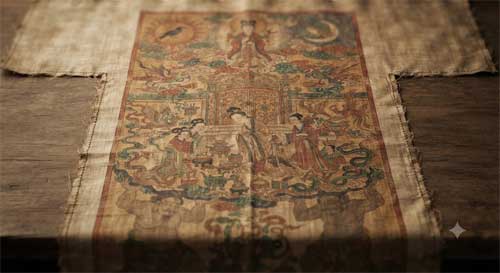 Reproducción artística de pintura funeraria sobre seda de Mawangdui con figuras celestiales y terrestres en tonos ocres y rojos desvaídos, textura de tejido antiguo visible, atmósfera de umbral entre mundos preservado en hilo
