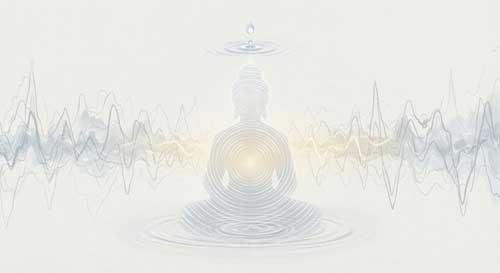 Representación abstracta de ondas sonoras convirtiéndose en luz silenciosa, simbolizando la transformación del sonido externo en conciencia interna
