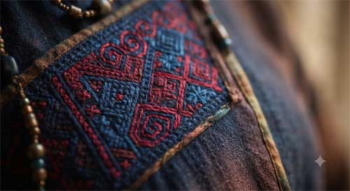 Detalle de bordado tradicional Miao/Hmong con patrones geométricos vibrantes en índigo y rojo sobre tela oscura, luz natural resaltando textura de hilo y precisión artesanal, atmósfera de narrativa textil ancestral