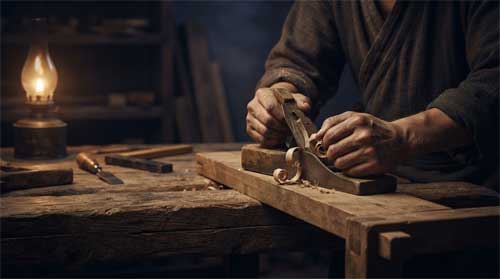 Manos artesanas trabajando madera con herramientas antiguas bajo luz tenue, atmósfera de labor solidaria y simplicidad ascética