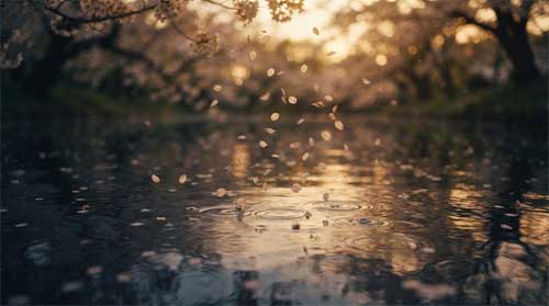 Pétalos de cerezo cayendo sobre agua tranquila al atardecer, luz dorada suave reflejada, atmósfera de melancolía serena y belleza efímera