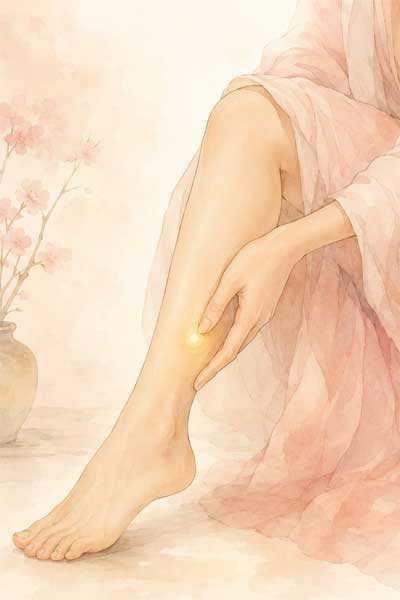 Ilustración suave y delicada de una mano femenina realizando automasaje en la zona interna del tobillo, con una luz cálida resaltando el punto de acupresión