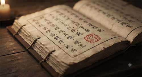 Volumen encuadernado tradicionalmente con caracteres chinos clásicos en tinta negra sobre papel amarillento, sello rojo imperial visible, luz lateral cálida resaltando textura de papel artesanal, atmósfera de archivo estatal solemne