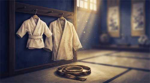 Composición contemplativa en tonos índigo, crema suave y dorado cálido: uniforme marcial infantil colgado junto a gi adulto en perchero de madera; debajo, cinturón usado enrollado como serpiente en reposo sobre tatami; luz dorada filtra por ventana alta iluminando partículas de polvo en el espacio entre ambos uniformes