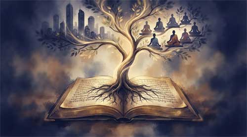 Composición simbólica en tonos índigo y tierra: un árbol joven de raíces profundas crece desde un antiguo texto tibetano abierto, sus ramas se entrelazan con siluetas de edificios urbanos y figuras humanas diversas en meditación; luz dorada brota de las páginas hacia las hojas, sugiriendo continuidad viva entre linaje ancestral y contexto contemporáneo
