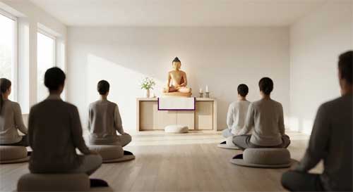 Interior sereno de un centro kadampa con estatuas doradas y practicantes en meditación, simbolizando la claridad y pureza de las enseñanzas modernas